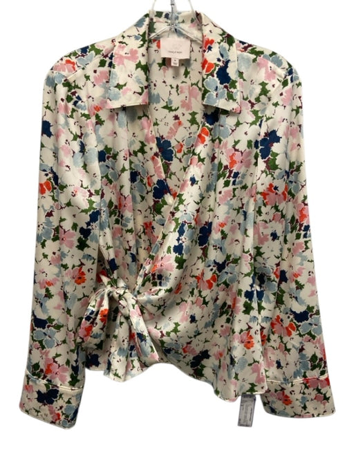 Cinq a Sept Size M Cream White & Multi Polyester Floral Long Sleeve Wrap Top Cream White & Multi / M