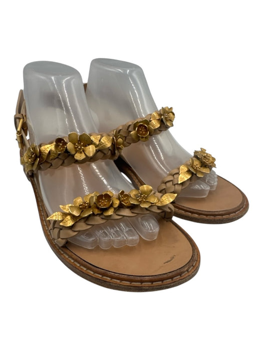 Valentino Garavani Shoe Size 40 Beige & Gold Tone Leather Upper Flat Sandals Beige & Gold Tone / 40
