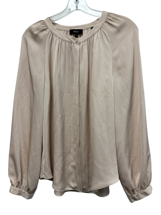 Theory Size M Light Pink Silk Buttons Gathered Neckline Long Sleeve Top Light Pink / M