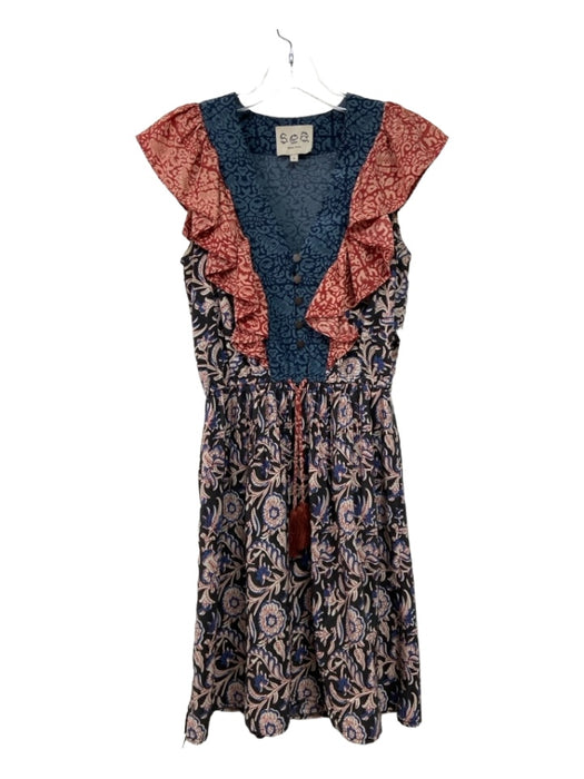 Sea New York Size 0 Blue, Red & Cream Silk V Neck Abstract Floral Dress Blue, Red & Cream / 0