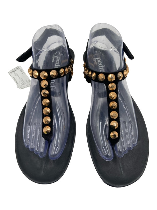 Pedro Garcia Shoe Size 39.5 Black & Rose Gold Suede Studded T Strap Sandals Black & Rose Gold / 39.5