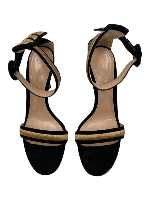 Gianvito Rossi Shoe Size 38 Black & Gold Suede Metallic Threads Stiletto Sandals Black & Gold / 38