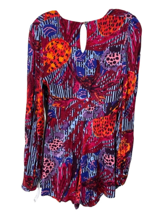 Free People Size 0 Red & Blue Print Rayon V Neck Abstract Long Sleeve Romper Red & Blue Print / 0