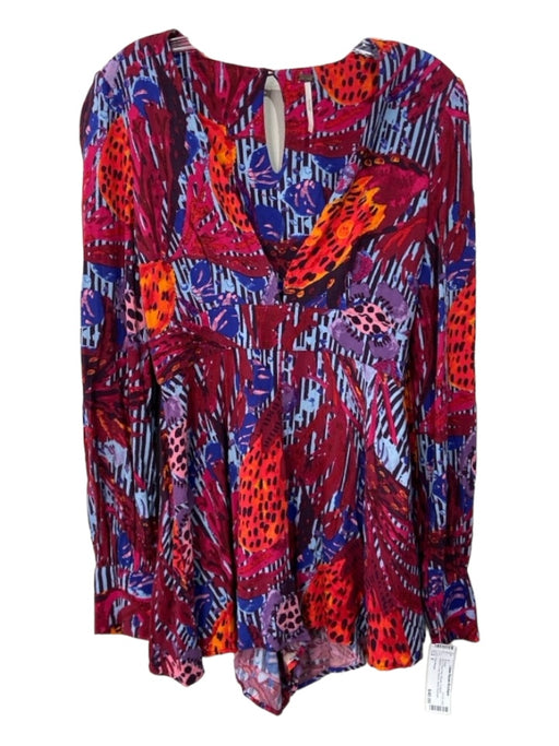 Free People Size 0 Red & Blue Print Rayon V Neck Abstract Long Sleeve Romper Red & Blue Print / 0