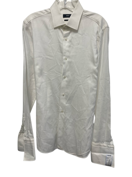 Boss Size 15 White Cotton Solid Button Down Men's Long Sleeve Shirt White / 15