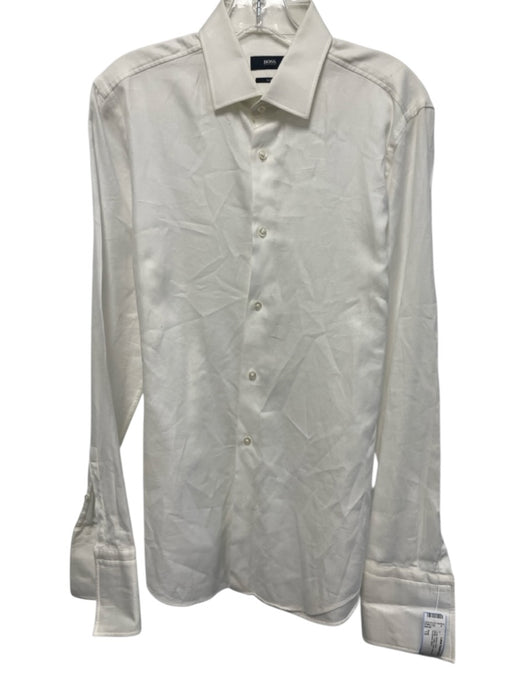 Boss Size 15 White Cotton Solid Button Down Men's Long Sleeve Shirt White / 15