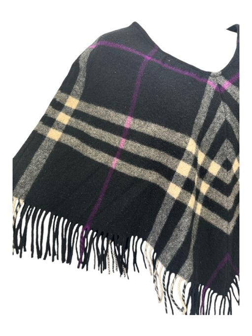 Burberry Black Purple Beige Wool Novacheck Fringe Hem V Neck Shawl Poncho Black Purple Beige / One Size