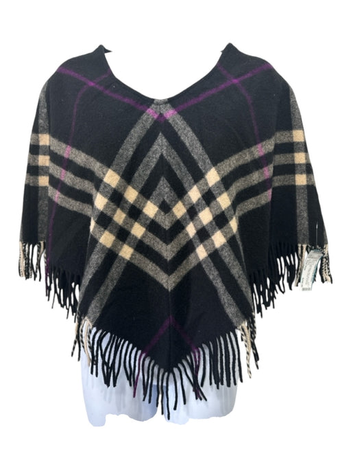 Burberry Black Purple Beige Wool Novacheck Fringe Hem V Neck Shawl Poncho Black Purple Beige / One Size