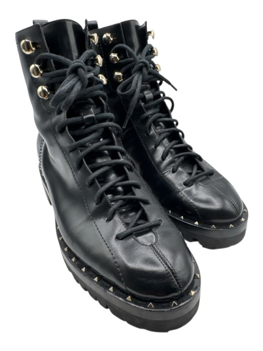 Valentino Shoe Size 38.5 Black Leather Lace Up Studs High Top Booties Black / 38.5