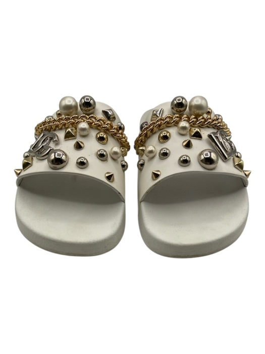 Dolce & Gabbana Shoe Size 41 White & Gold Leather Studs Chains Slides Sandals White & Gold / 41