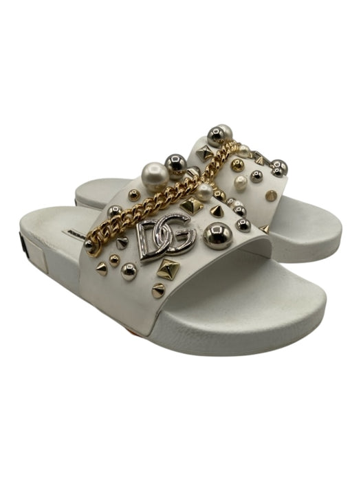 Dolce & Gabbana Shoe Size 41 White & Gold Leather Studs Chains Slides Sandals White & Gold / 41