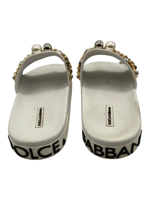 Dolce & Gabbana Shoe Size 41 White & Gold Leather Studs Chains Slides Sandals White & Gold / 41