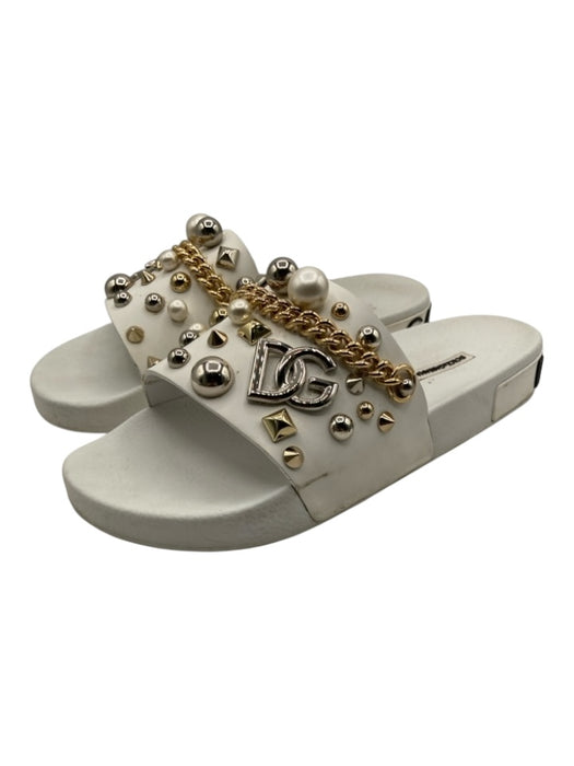 Dolce & Gabbana Shoe Size 41 White & Gold Leather Studs Chains Slides Sandals White & Gold / 41