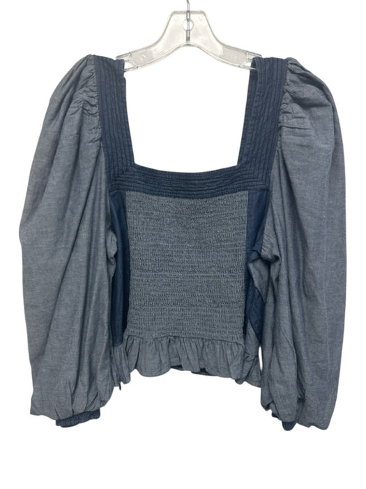 Love The Label Size L Blue Cotton Chambray Chevron Square Neck Top Blue / L