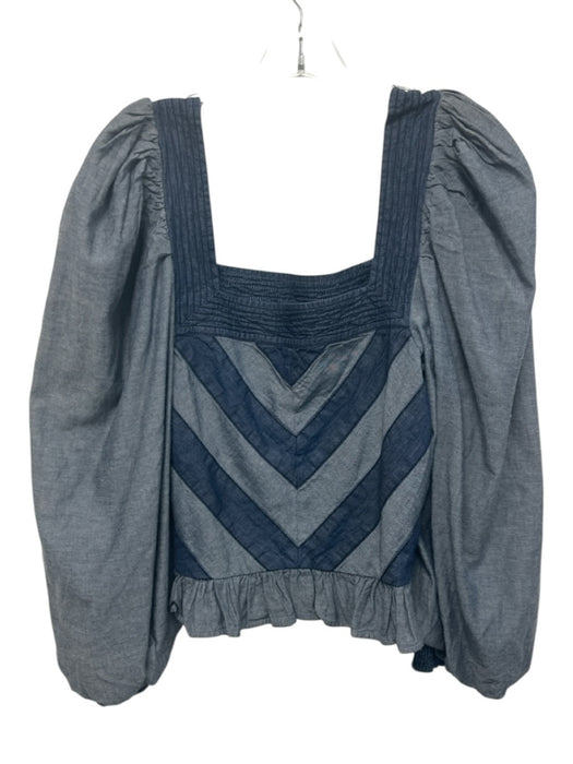 Love The Label Size L Blue Cotton Chambray Chevron Square Neck Top Blue / L