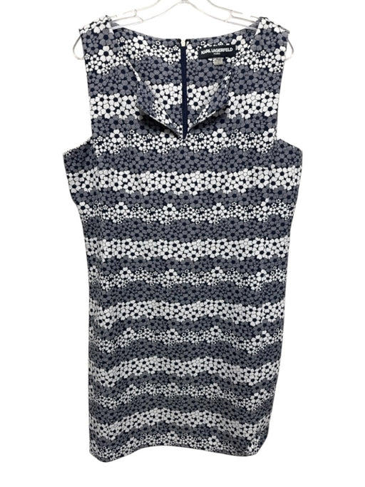 Karl Lagerfeld Size 14 Navy Blue, White, Gray Polyester & Cotton V Neck Dress Navy Blue, White, Gray / 14