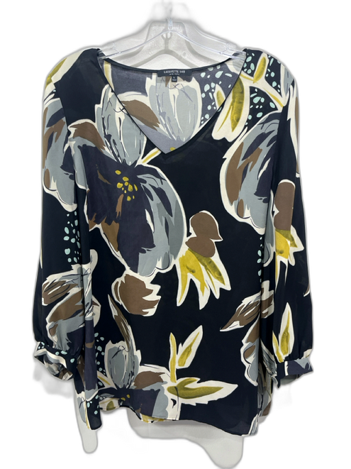 Lafayette 148 Size L Black & Multi Silk Long Sleeve Floral V Neck Top Black & Multi / L