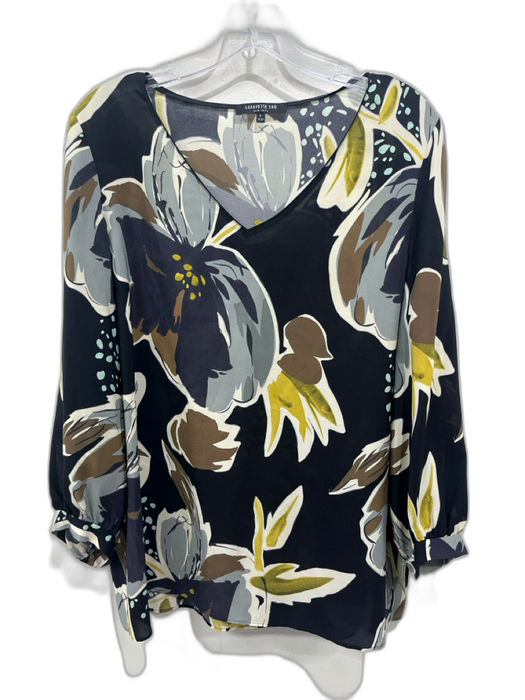 Lafayette 148 Size L Black & Multi Silk Long Sleeve Floral V Neck Top Black & Multi / L