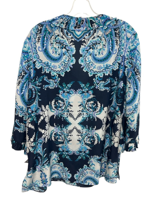 Kobi Halperin Size XL Blue & White Silk Floral Paisley Pleat Detail V Neck Top Blue & White / XL