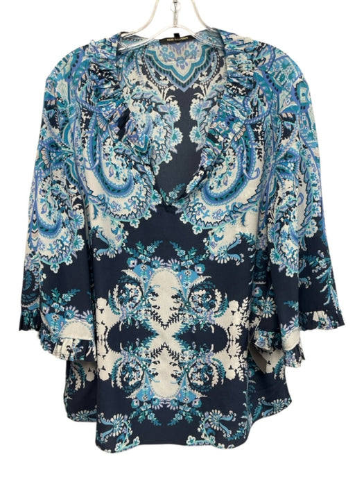 Kobi Halperin Size XL Blue & White Silk Floral Paisley Pleat Detail V Neck Top Blue & White / XL