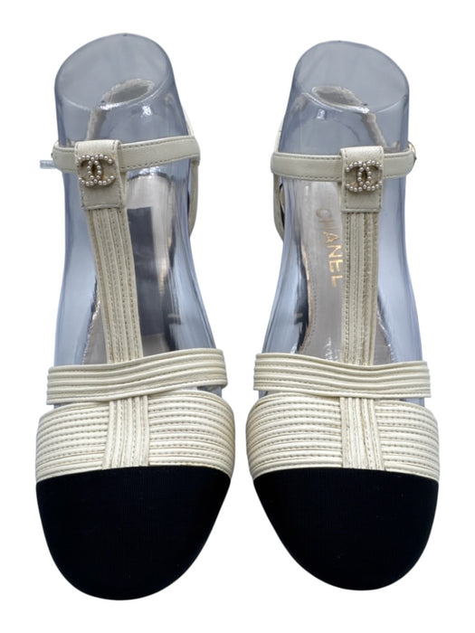 Chanel Shoe Size 37 Cream White & Black Leather & Textile Upper T Strap Pumps Cream White & Black / 37