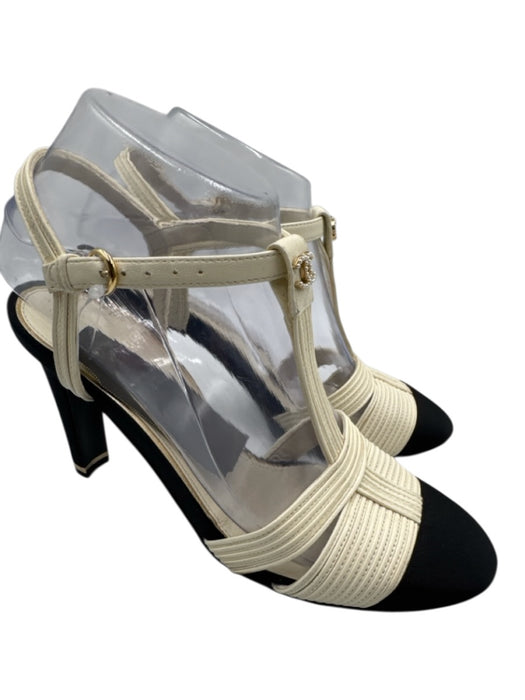 Chanel Shoe Size 37 Cream White & Black Leather & Textile Upper T Strap Pumps Cream White & Black / 37
