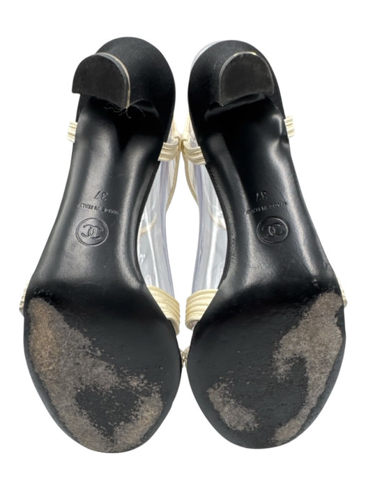 Chanel Shoe Size 37 Cream White & Black Leather & Textile Upper T Strap Pumps Cream White & Black / 37
