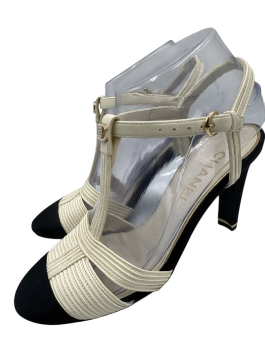 Chanel Shoe Size 37 Cream White & Black Leather & Textile Upper T Strap Pumps Cream White & Black / 37