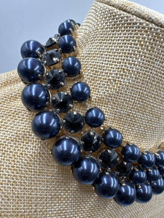 Gucci Navy Blue Faux Pearl Jeweled Light Gold Hardware Bib Choker Necklace