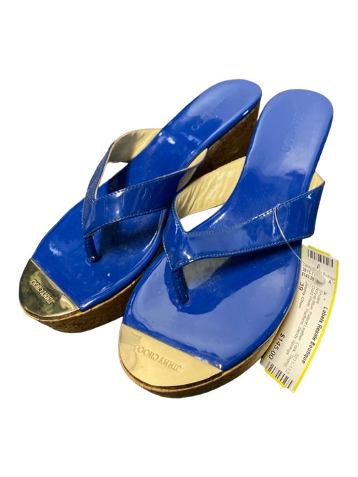 Jimmy Choo Shoe Size 39 Royal Blue Patent Leather Cork Thong Gold Plate Shoes Royal Blue / 39