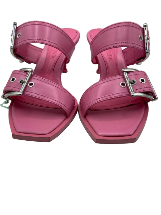 Alexander McQueen Shoe Size 37.5 Pink Leather Two Strap Buckles Mid Heel Mules