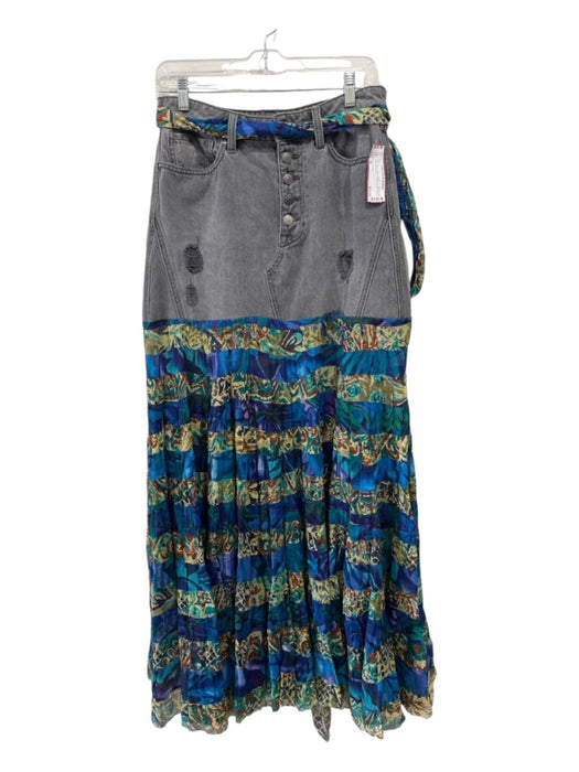 We The Free Size 28 Gray, Blue, Green Cotton Denim Tiered Maxi Skirt Gray, Blue, Green / 28