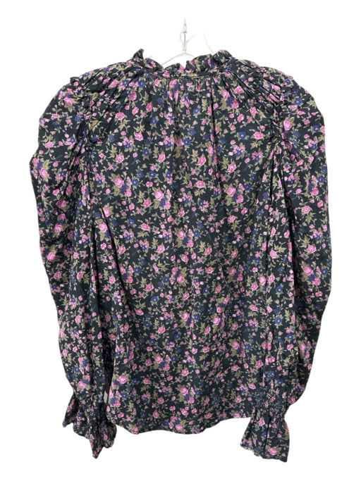 Free People Size S Black, Purple, Green Cotton Tie V Neck Floral Long Sleeve Top Black, Purple, Green / S