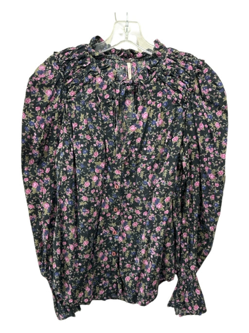 Free People Size S Black, Purple, Green Cotton Tie V Neck Floral Long Sleeve Top Black, Purple, Green / S