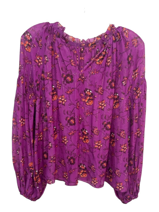 Ulla Johnson Size 6 purple & orange Silk Blend Floral Ruffle Neckline Top purple & orange / 6