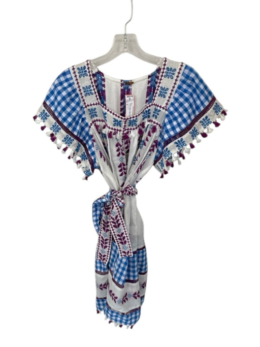Dodo Bar Or Size S White & Purple Cotton Short Sleeve Fringe gingham Dress White & Purple / S
