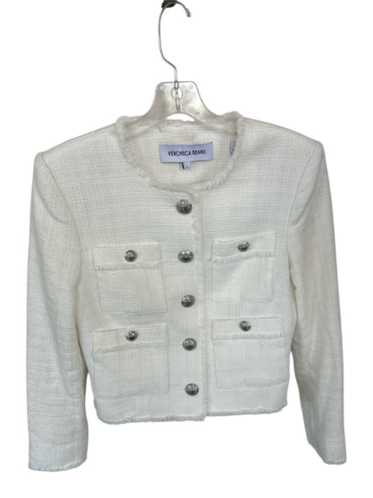 Veronica Beard Size 6 White Cotton Fringe Front Pockets Shoulder Pads SHW Jacket White / 6