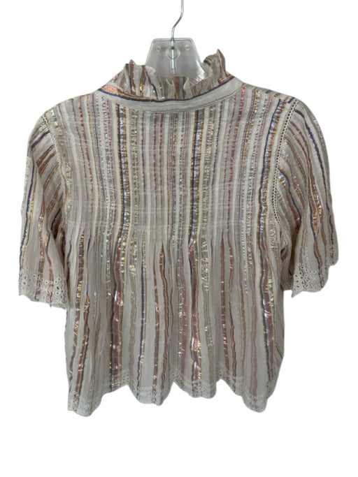 Sea New York Size 6 Mauve & Tan Cotton Blend 3/4 Sleeve Striped Eyelet Top Mauve & Tan / 6
