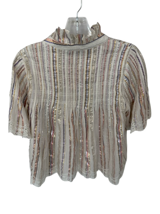Sea New York Size 6 Mauve & Tan Cotton Blend 3/4 Sleeve Striped Eyelet Top Mauve & Tan / 6