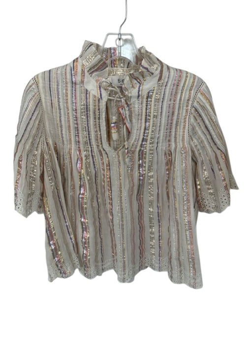 Sea New York Size 6 Mauve & Tan Cotton Blend 3/4 Sleeve Striped Eyelet Top Mauve & Tan / 6