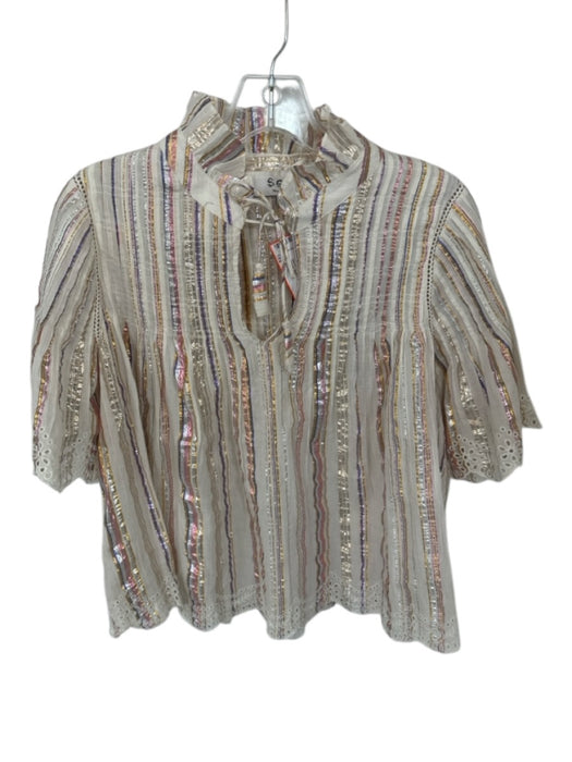 Sea New York Size 6 Mauve & Tan Cotton Blend 3/4 Sleeve Striped Eyelet Top Mauve & Tan / 6