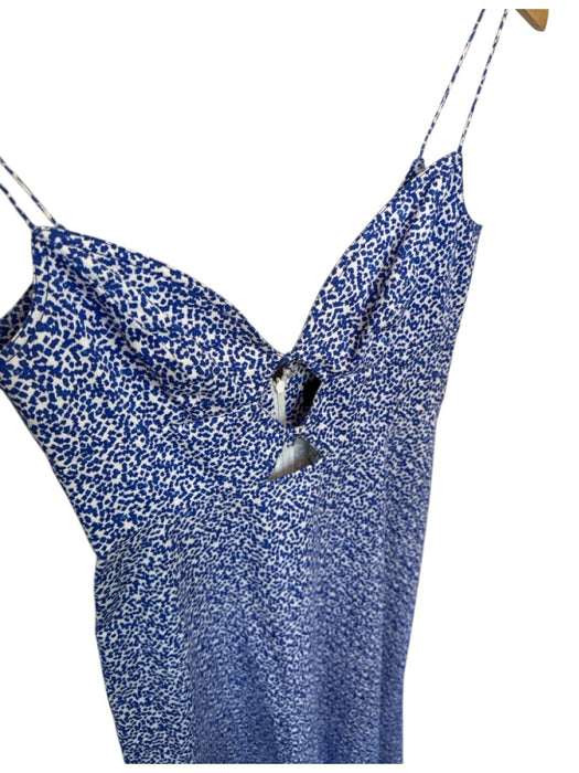 Saloni Size 6 White & Blue Cotton Blend Spaghetti Strap Abstract Cut Outs Dress White & Blue / 6