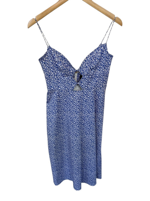 Saloni Size 6 White & Blue Cotton Blend Spaghetti Strap Abstract Cut Outs Dress White & Blue / 6