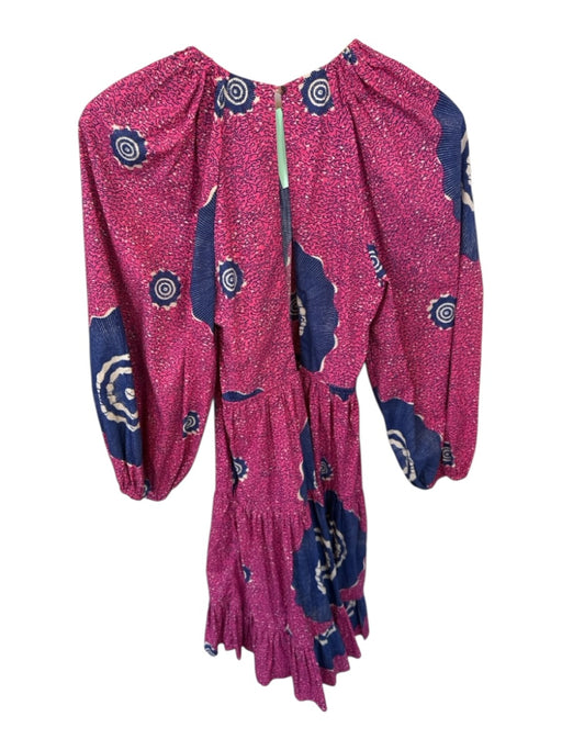 Ulla Johnson Size 4 Pink & Navy Cotton Long Balloon Sleeve Abstract Midi Dress Pink & Navy / 4