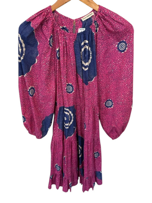 Ulla Johnson Size 4 Pink & Navy Cotton Long Balloon Sleeve Abstract Midi Dress Pink & Navy / 4