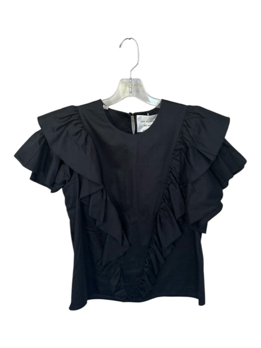Les Coyotes de Paris Size 36 Black Cotton Short Sleeve Ruffles Top Black / 36