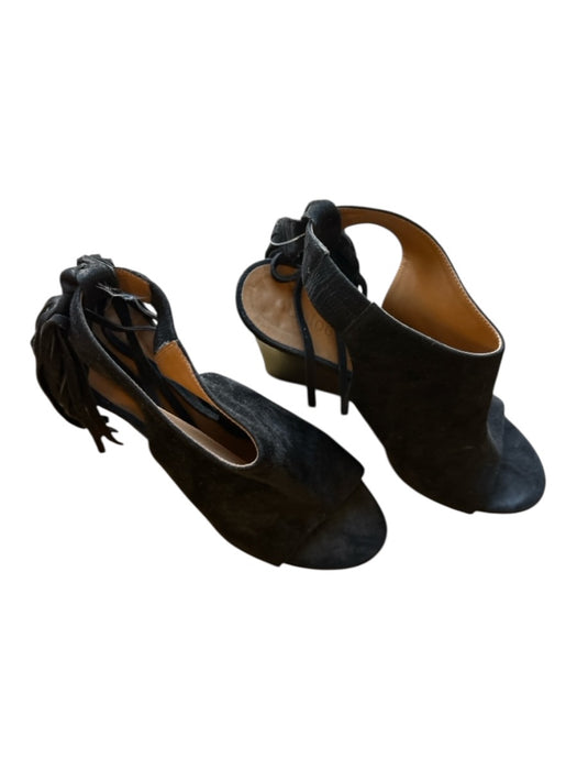 Chloe Shoe Size 37.5 Black Suede Wedge Fringe Open Toe Booties Black / 37.5