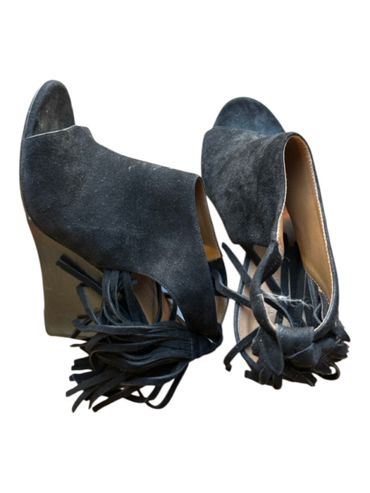 Chloe Shoe Size 37.5 Black Suede Wedge Fringe Open Toe Booties Black / 37.5