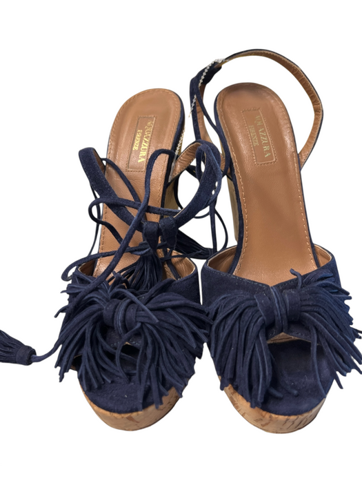Aquazzura Shoe Size 38 Navy Leather Open Toe & Heel Tie Ankle Wedge Cork Shoes Navy / 38