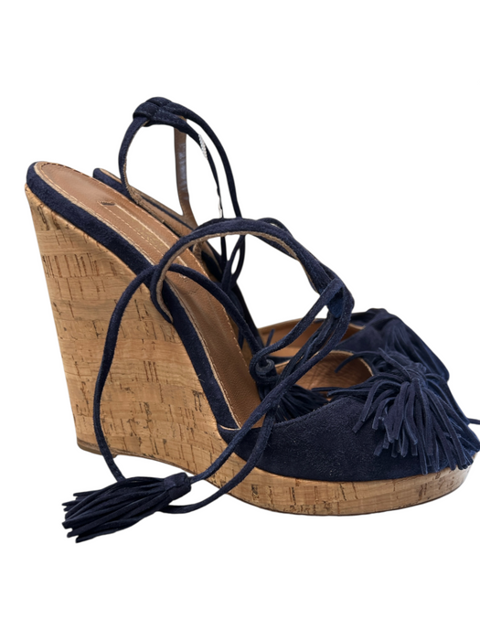 Aquazzura Shoe Size 38 Navy Leather Open Toe & Heel Tie Ankle Wedge Cork Shoes Navy / 38